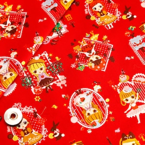 Red kawaii Japanese cotton fabric 110x100cm, little girls