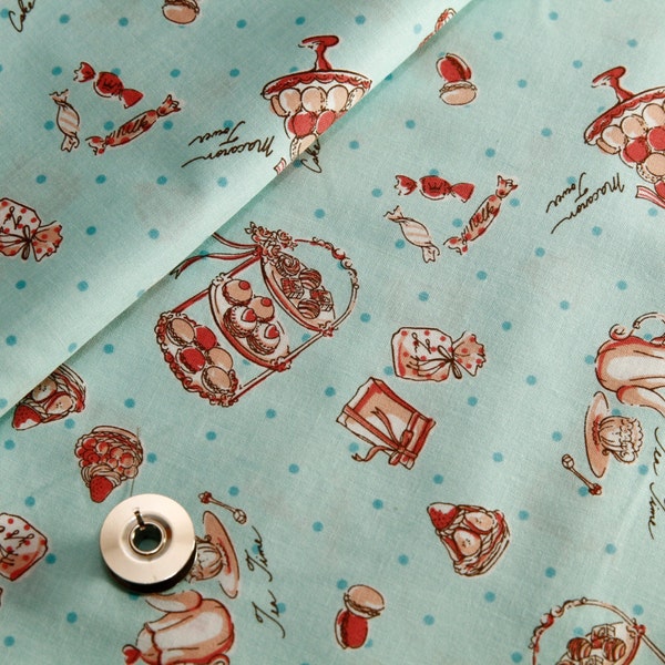 Aqua kawaii Japanese cotton fabric 110x100cm, sweets, macarons, tea