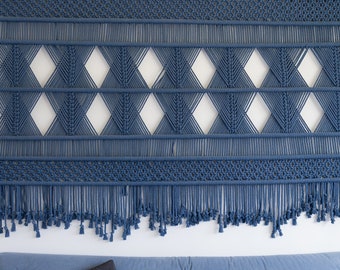 Hoofdeinde macramé blauw, macramé wandkleden, grote hangende macramé, decor macramé boho, textielkunst, verticale muurkunst, housewarmingcadeau