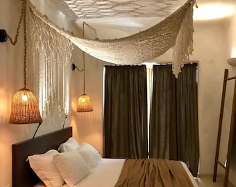 Macramé bedgordijn, hemelbedgordijnen, bohogordijn, romantische kamerdecoratie, boho slaapkamerdecor, textielkunst, boho decoratie, huwelijkscadeau