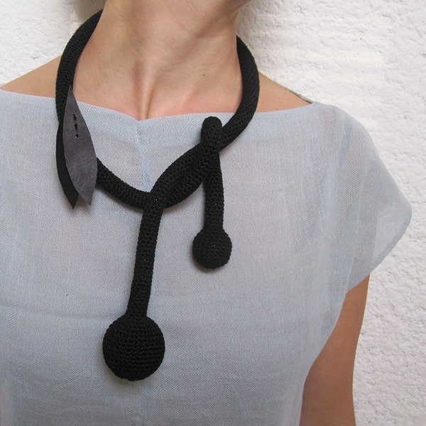 Crocheted necklace, interactive jewelry, leather brooch necklace, handmade jewelry, oversized jewelry