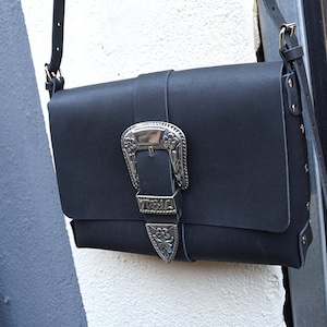 Black Leather Crossbody Bag: Boho Everyday Purse, Adjustable Strap