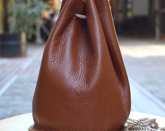 Brown Leather Bucket Bag, Leather Bag, Handmade Handbag, Bucket Bag Women, Evening Clutch, Leather Purse, Crossbody Bag, Handmade in Greece