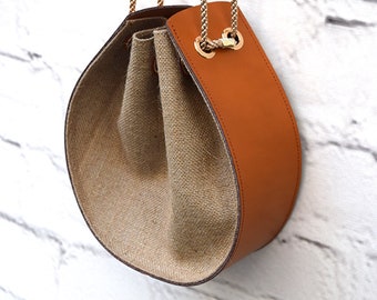 Handmade Tan Leather Bucket Bag, Brown Burlap Crossbody, Vegan Shoulder Bag, Everyday Purse, Gift for Her