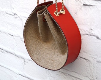 Red Handmade Leather Bucket Bag, Brown Burlap Crossbody, Vegan Shoulder Bag, Everyday Purse, Gift for Her