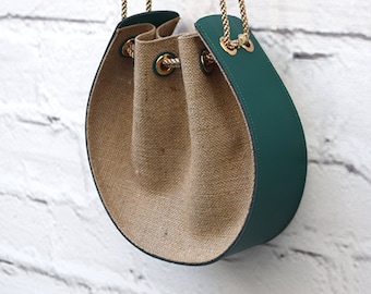 Green Handmade Leather Bucket Bag, Brown Burlap Crossbody, Vegan Shoulder Bag, Everyday Purse, Gift for Her