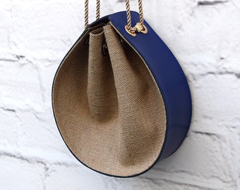 Navy Blue Handmade Leather Bucket Bag, Brown Burlap Crossbody, Vegan Shoulder Bag, Everyday Purse, Gift for Her