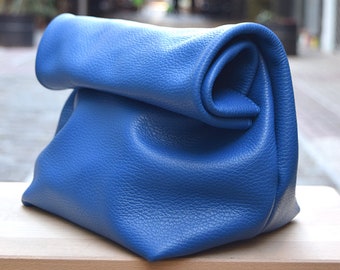 Blue Leather Lunch Bag, Leather Fold Clutch Bag, Leather Statement Purse, Handmade Leather Handbag, Crossbody bag, Grain Genuine Leather