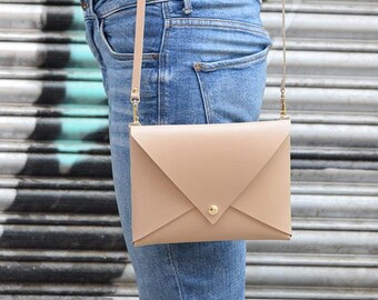 Nude Evening Clutch, Genuine Leather Crossbody Bag, Handmade Minimal Purse, Crossbody Bag, Classic Style Leather Handbag for Women