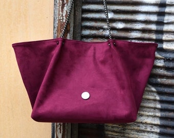 Burgundy Red Everyday Suede Bag, Urban Style Bag, PU Leather Shoulder, Birthday Gift, Gift For Her, Handmade Tote, Vegan Leather Bag