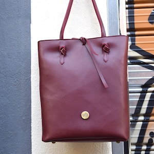Burgundy Red Vegan Leather Tote Bag: Minimalist Handmade Shoulder Purse for Everyday Use