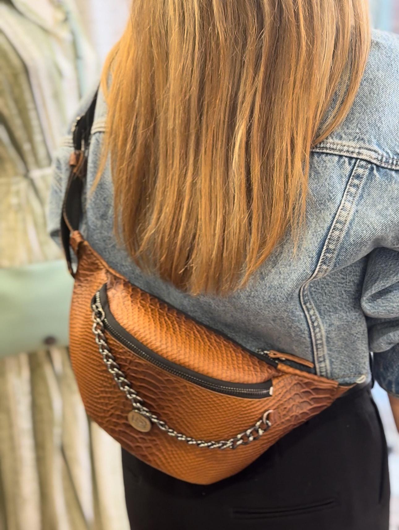 Tan Brown Croc Leather Belt Bag: Handmade Crossbody Fanny 