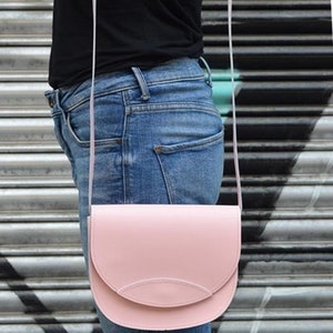 Pink small crossbody bag, leather saddle bag, messenger shoulder bag