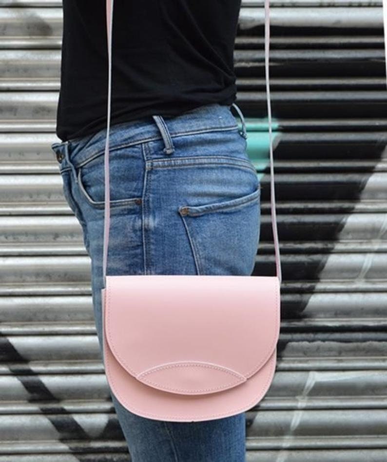 Pink small crossbody bag, leather saddle bag, messenger shoulder bag