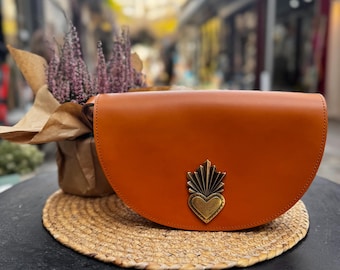 Tan Brown Leather Crossbody Bag: Handmade Greek Oval Bag, Magnetic Closure