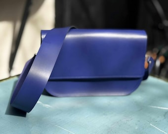 Blue Leather Crossbody Bag: Handmade Greek Box Bag