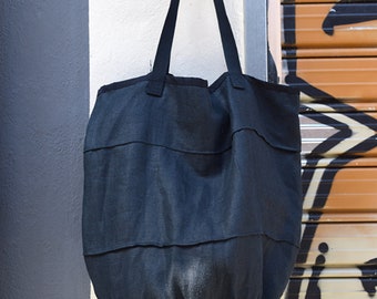Black French Style Linen Beach Bag, Natural Linen Summer Bag, Oversized Linen Bag With Lining, Handmade Linen Tote, Flax Linen Bag, Eco bag