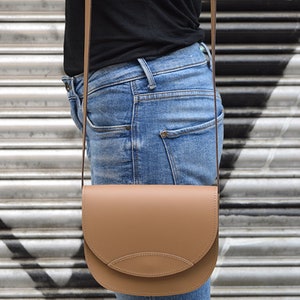 Light brown small crossbody bag, leather saddle bag, messenger shoulder bag