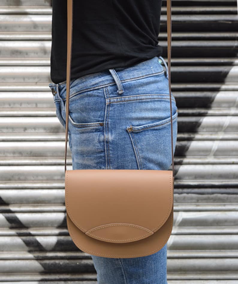 Light brown small crossbody bag, leather saddle bag, messenger shoulder bag