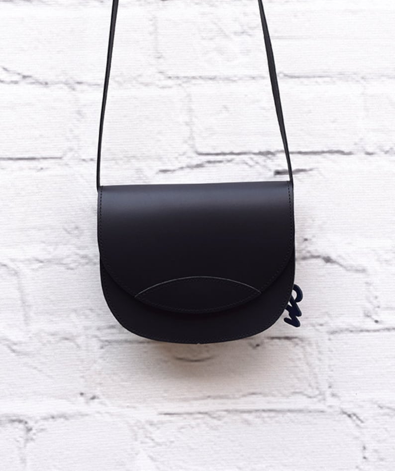 Black small crossbody bag, leather saddle bag, messenger shoulder bag