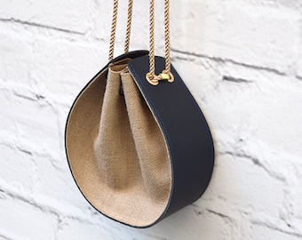 Blue Handmade Leather Bucket Bag, Brown Burlap Crossbody, Vegan Shoulder Bag, Everyday Purse, Gift for Her