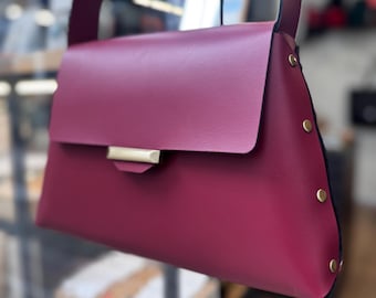 Trapezoid Burgundy Red Leather Shoulder Bag – Handmade Minimalist Purse