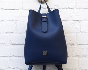 Navy Blue Classic Style Bag, Minimalist Bag, Handmade Backpack, Vegan Leather Backpack, Everyday Bag, Gift For Her, PU Leather Bag, Ladies