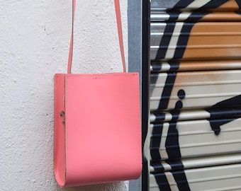 Coral Pink Leather Crossbody Bag: Minimalist Everyday Bag, Handmade in Greece