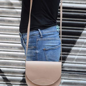 Nude small crossbody bag, leather saddle bag, messenger shoulder bag