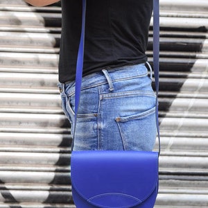 Navy blue small crossbody bag, leather saddle bag, messenger shoulder bag