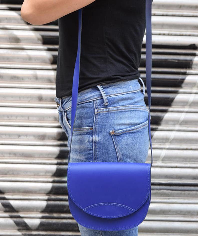 Navy blue small crossbody bag, leather saddle bag, messenger shoulder bag