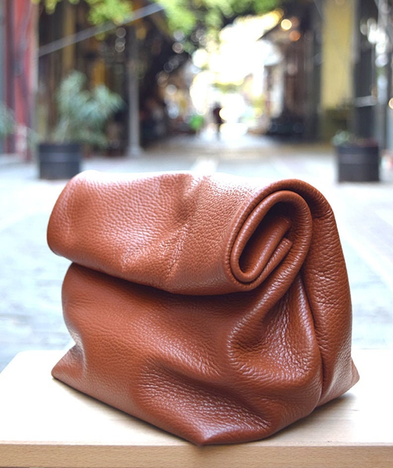 Black Leather Lunch Bag, Fold Clutch Bag, Leather Statement Purse