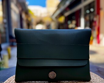 Olive Green Vegan Leather Clutch Bag, Handmade Minimalist Purse, Elegant Evening Bag, Eco Leather Gift for Her, Small Hand Bag