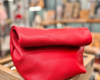 Red Leather Fold Clutch, Handmade Genuine Leather Crossbody Purse, Minimalist Shoulder Bag, Gift for Her