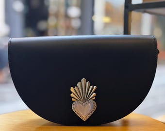Black Leather Crossbody Bag: Handmade Greek Oval Bag, Magnetic Closure