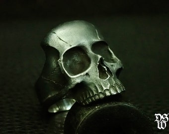 Skull ring - "Black Death" half jaw silver mens skull biker masonic rock n roll handmade jewelry .925