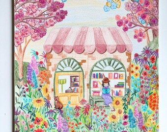 Colorful illustration of a bookstore in a sea full of wildflowers and blossoms, pencil on paper, original art
