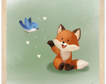 Framed illustration of fox playing with bird. Ideal for the children's room. Delivered framed with hanging system.