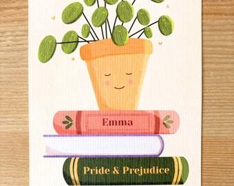 A5 poster pancake plant and stack of books illustration for the wall