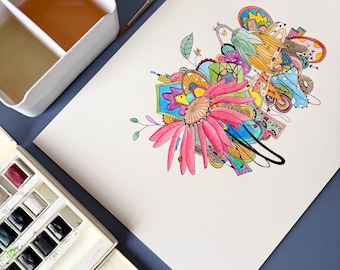 Colorful illustration of a dream world with watercolor on paper, original art