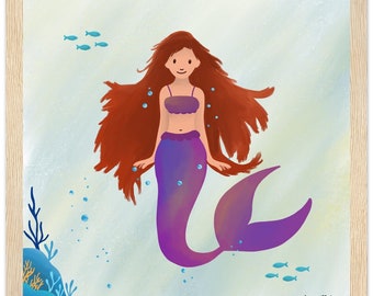 Framed illustration of mermaid. Ideal for the children's room. Delivered framed with hanging system.