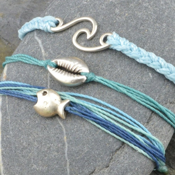 Surf Bracelets Ocean Charms Bracelet Stack Surfer Jewelry Handmade Bracelet Wave Fish Cowrie Shell Stacking Beachy Bracelet Style