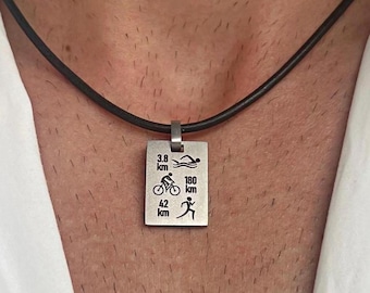 Personalized Triathlon Necklace: Swim Bike Run Jewelry, Engraved Triathlete Gift with Distance Km or Inch