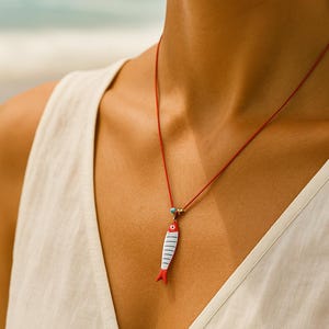 Enamel Fish on Red Cord – Turquoise Bead – Adjustable Boho Coastal Choker – Surfer Girl Gift