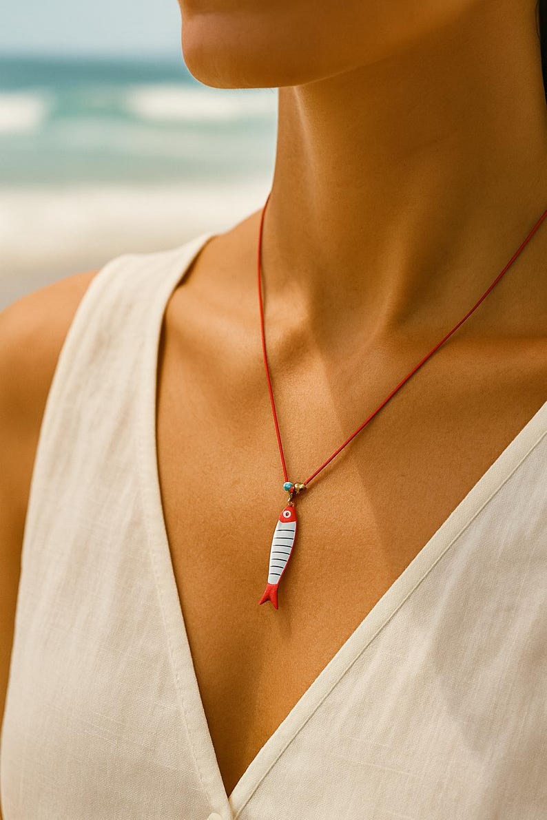 Enamel Fish on Red Cord – Turquoise Bead – Adjustable Boho Coastal Choker – Surfer Girl Gift