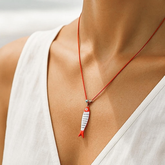 Portuguese Sardine Necklace – Enamel Fish on Red Cord – Turquoise Bead – Adjustable Boho Coastal Choker – Surfer Girl Gift