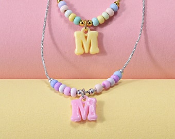 Custom Beaded Child Necklace Personalized Kids Initial Jewelry Toddler Girl Necklace Pastel Color Jewelry Gift for Kids Initial Necklace