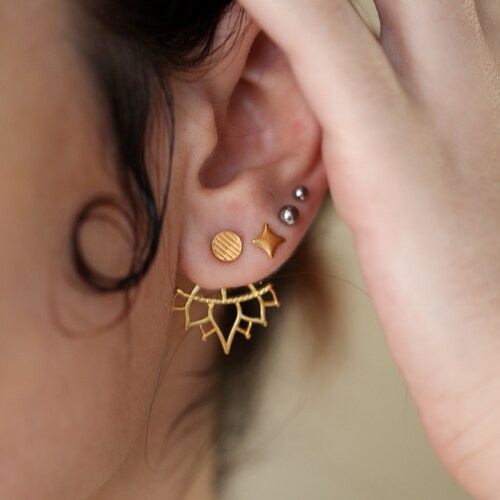 Ear Jackets with Lotus Flower, Front to Back Earrings, Dainty Circle Studs, Double Sided Earring, Jacket Earring, Women trendy jewelry