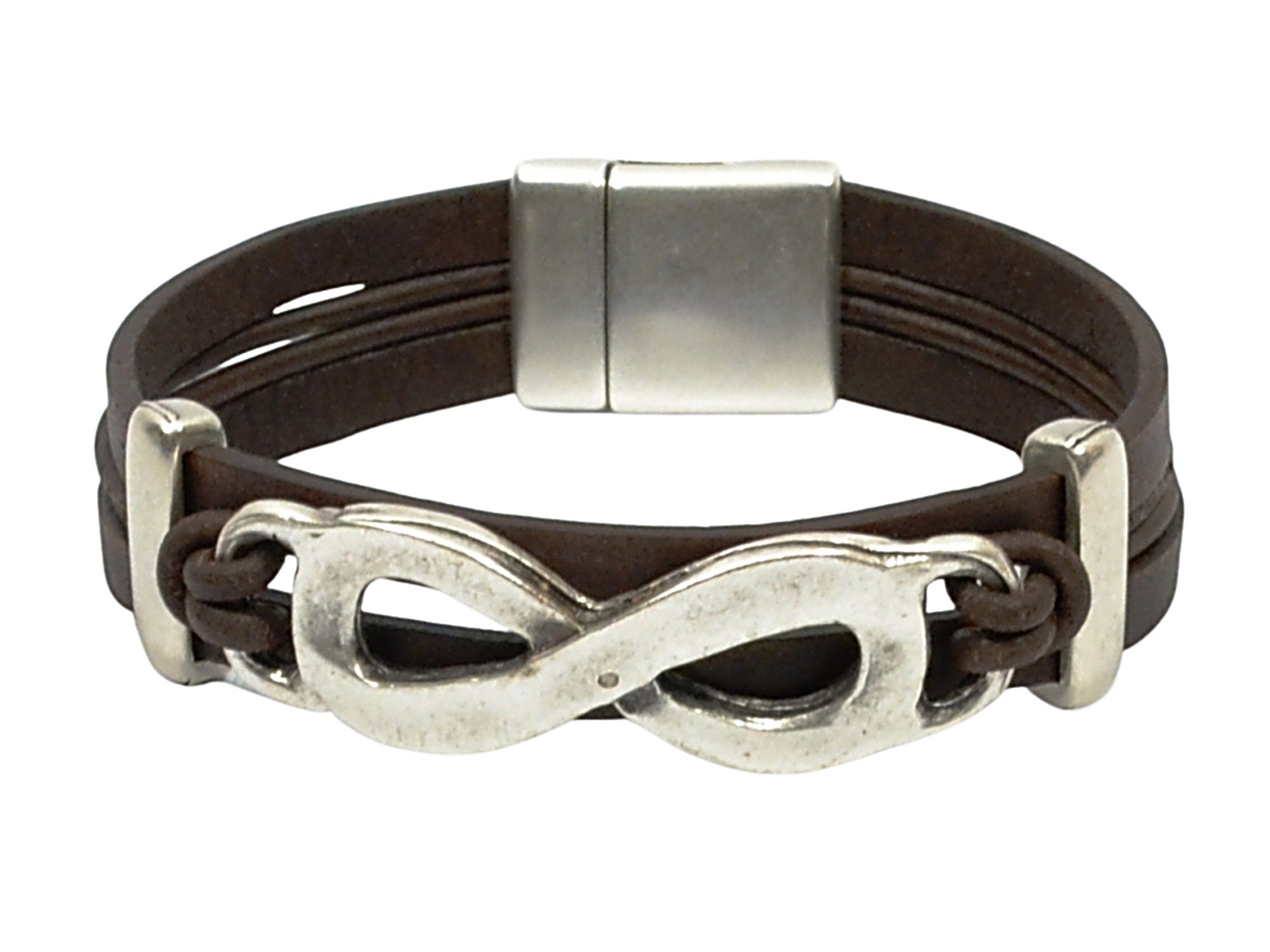 Mens Brown Leather Stainless Steel Infinity Bracelet  Large