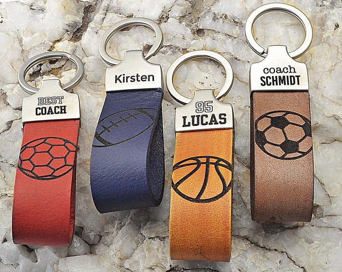 Custom Engraved Sports Keychain Personalized Coach Gift Sports Player Keepsake Name & Number Leather Keychain Coach Appreciation Team Gift